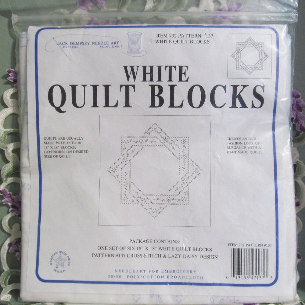 Jack Dempsey Needle Art White Quilt Blocks Lazy Daisy One Set of Six 18 X 18 NEW